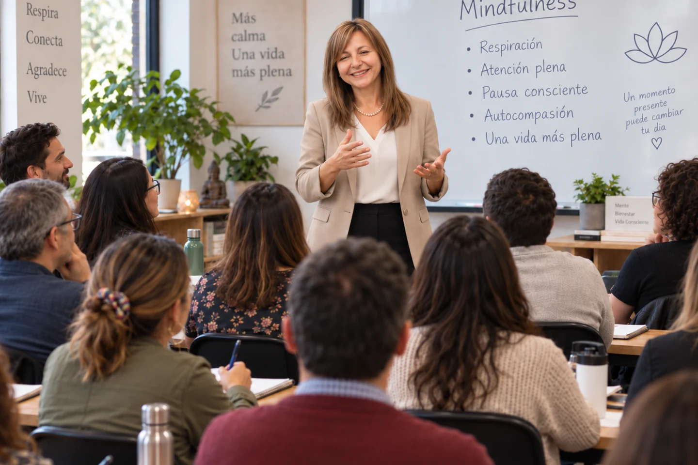 Facilitadora guiando un taller de mindfulness ante un grupo